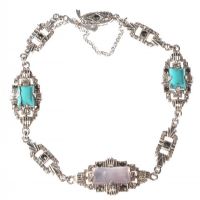 PIERCED SILVER BRACELET SET WITH ROSE QUARTZ, TURQUOISE AND MARCASITE at Ross's Online Art Auctions