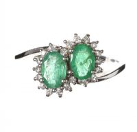 9CT WHITE GOLD BAHIA EMERALD AND WHITE ZIRCON DOUBLE CLUSTER RING at Ross's Online Art Auctions