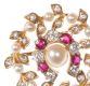 14CT GOLD BROOCH SET WITH RUBIES, DIAMONDS, SEED PEARLS AND A CULTURED PEARL at Ross's Online Art Auctions