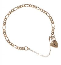 9CT GOLD FIGARO LINK BRACELET WITH HEART-SHAPED PADLOCK CLASP at Ross's Online Art Auctions