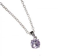 SILVER-TONE METAL AND AMETHYST SOLITAIRE PENDANT AND CHAIN at Ross's Online Art Auctions