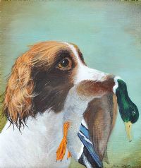 SPRINGER SPANIEL WITH MALLARD by Brian Jamison at Ross's Online Art Auctions