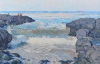 FISHING OFF THE ROCKS AT CASTLEROCK by John Turner RUA at Ross's Online Art Auctions