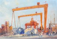 THE CRANES AT HARLAND & WOLFF by Colin Gibson at Ross's Online Art Auctions