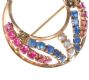 9CT ROSE GOLD CRESCENT BROOCH SET WITH SYNTHETIC RUBIES, SAPPHIRES AND PEARLS at Ross's Online Art Auctions