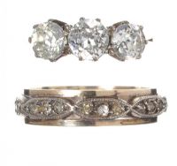 9CT GOLD AND SILVER CRYSTAL-SET THREE STONE DRESS RING AND ETERNITY RING at Ross's Online Art Auctions