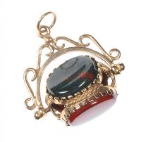 9CT GOLD SWIVEL FOB SET WITH ONYX, CARNELIAN AND BLOODSTONE at Ross's Online Art Auctions