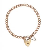 9CT ROSE GOLD CURB LINK BRACELET WITH 9CT GOLD HEART-SHAPED PADLOCK CLASP at Ross's Online Art Auctions
