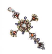 LARGE STERLING SILVER CROSS PENDANT SET WITH A VARIETY OF GEMSTONES at Ross's Online Art Auctions