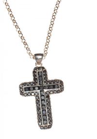 LARGE STERLING SILVER CROSS PENDANT SET WITH JET ON A STERLING SILVER BELCHER CHAIN at Ross's Online Art Auctions