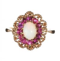 9CT GOLD OPAL AND RUBY CLUSTER RING at Ross's Online Art Auctions