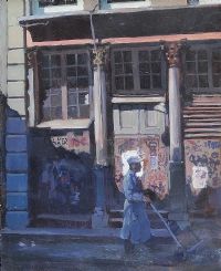 PORTER & SHOP FRONT, LITTLE ITALY, NEW YORK by Hector McDonnell RUA at Ross's Online Art Auctions