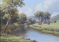 CATTLE GRAZING BY A RIVER IN THE GLENS by Charles McAuley at Ross's Online Art Auctions