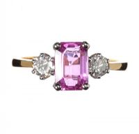 18CT GOLD FANCY PINK SAPPHIRE AND DIAMOND THREE STONE RING at Ross's Online Art Auctions