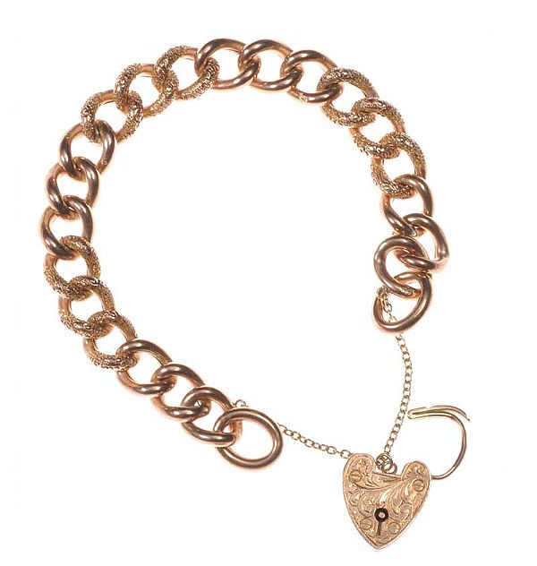 ANTIQUE 9CT ROSE GOLD CURB LINK BRACELET WITH ENGRAVED HEART-SHAPED ...