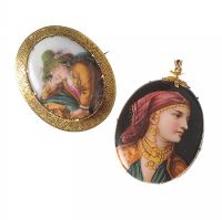PAINTED PORCELAIN CAMEO IN 9CT GOLD MOUNT AND ANOTHER SIMILAR CAMEO at Ross's Online Art Auctions