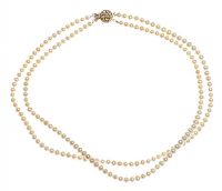 DOUBLE STRAND OF CULTURED PEARLS WITH 9CT GOLD AND DIAMOND CLASP at Ross's Online Art Auctions