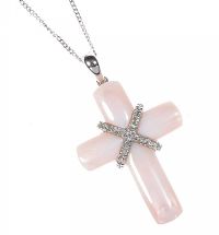9CT WHITE GOLD DIAMOND AND MOTHER-OF-PEARL CROSS PENDANT AND CHAIN at Ross's Online Art Auctions