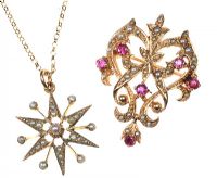 9CT GOLD STAR BURST PENDANT SET WITH SEED PEARL AND CHAIN AND 9CT GOLD BROOCH PENDANT SET WITH SEED PEARL AND RUBIES at Ross's Online Art Auctions