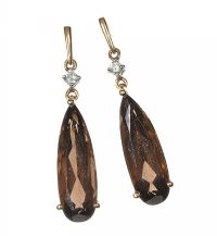 9CT GOLD DROP EARRINGS SET WITH SMOKY QUARTZ AND DIAMOND at Ross's Online Art Auctions