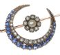 9CT ROSE GOLD SAPPHIRE, SEED PEARL AND DIAMOND CRESCENT BAR BROOCH at Ross's Online Art Auctions