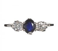 18CT WHITE GOLD SAPPHIRE AND DIAMOND THREE STONE RING at Ross's Online Art Auctions