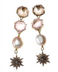 18CT GOLD FRESHWATER PEARL, QUARTZ, ROSE QUARTZ AND DIAMOND DROP EARRINGS BY H. STERN WITH BOX at Ross's Online Art Auctions