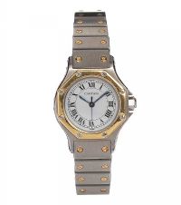 CARTIER 'SANTOS OCTAGON' STAINLESS STEEL AND 18CT GOLD LADY'S WRIST WATCH at Ross's Online Art Auctions