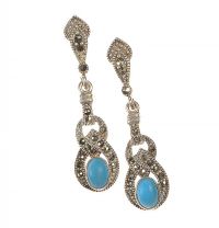 STERLING SILVER DROP EARRINGS SET WITH TURQUOISE AND MARCASITE at Ross's Online Art Auctions