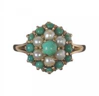9CT GOLD TURQUOISE AND SEED PEARL CLUSTER RING at Ross's Online Art Auctions