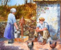 A CHAT BY THE PUMP by Noel Shaw at Ross's Online Art Auctions