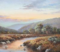 SHEEP GRAZING BY THE RIVER by Wendy Reeves at Ross's Online Art Auctions