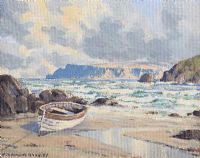 BEACHED FISHING BOAT, ANTRIM COAST by T. Desmond  Bradley at Ross's Online Art Auctions