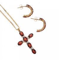 9CT GOLD GARNET AND DIAMOND CROSS AND CHAIN at Ross's Online Art Auctions