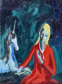 GIRL IN A RED DRESS BESIDE A UNICORN by Deborah Brown HRUA at Ross's Online Art Auctions