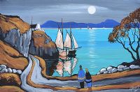 ANCHORED BOATS, MOONLIT CAVE by J.P. Rooney at Ross's Online Art Auctions