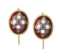 ANTIQUE 18CT GOLD ENAMEL, DIAMOND AND SEED PEARL EARRINGS at Ross's Online Art Auctions