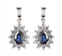 18CT WHITE GOLD SAPPHIRE AND DIAMOND DROP EARRINGS at Ross's Online Art Auctions