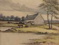 CATTLE WATERING BY A COTTAGE by Irish School at Ross's Online Art Auctions