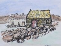 THATCHED COTTAGE BY A STONE WALL by Maurice Canning Wilks ARHA RUA at Ross's Online Art Auctions