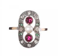 18CT GOLD EMERALD, DIAMOND, RUBY AND PEARL ANTIQUE RING at Ross's Online Art Auctions