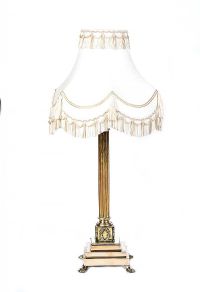 EDWARDIAN BRASS PILLAR TABLE LAMP AND SHADE at Ross's Online Art Auctions
