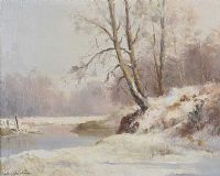 WINTER SCENE, RIVER LAGAN AT THE MINNOWBURN by Maurice Canning Wilks ARHA RUA at Ross's Online Art Auctions