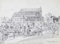 SATURDAY MORNING MARKET IN FRONT OF SAINT ANNE'S CATHEDRAL, BELFAST by Raymond Piper RUA at Ross's Online Art Auctions