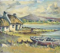 THATCHED COTTAGE BY THE LOUGH by Kenneth Webb RUA at Ross's Online Art Auctions