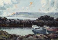 BOATS BY THE ROCKS ON THE ANTRIM COAST by Charles McAuley at Ross's Online Art Auctions