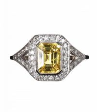PLATINUM FANCY YELLOW SAPPHIRE AND DIAMOND CLUSTER RING IN THE STYLE OF ART DECO at Ross's Online Art Auctions