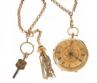 18CT GOLD ENGRAVED OPEN-FACED GENT'S POCKET WATCH WITH 15CT GOLD TASSELLED WATCH CHAIN at Ross's Online Art Auctions