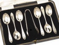 SET OF SILVER SPOONS AND TONGS at Ross's Online Art Auctions