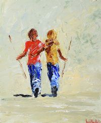 TWO BOYS OFF FISHING by Louise Mansfield at Ross's Online Art Auctions